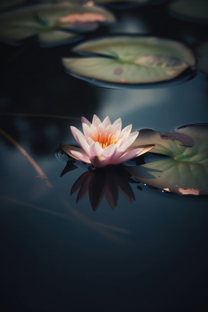 Pink and yellow lotus flower and leaves on dark water, created using generative ai technology. Nature, tranquility, rebirth and spirituality concept digitally generated image.