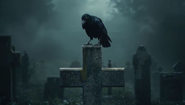 Crow Perched on Stone Cross in Misty Graveyard