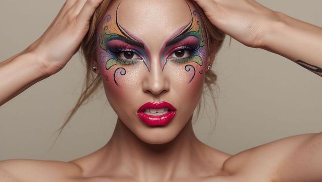 Model wearing vibrant butterfly face paint with glossy red lips and swirling eye art