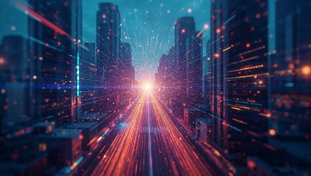 Futuristic Neon Data Trails Converging in Urban Tech Corridor