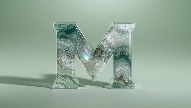 3d glass letter m with green-white marble design