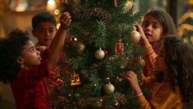 Joyful Children Decorating Festive Christmas Tree Together