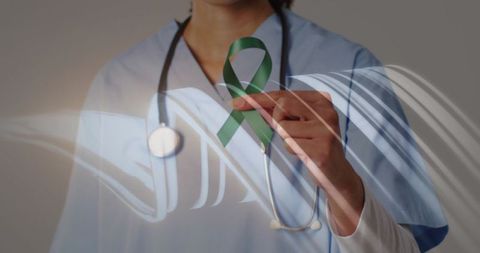 Nurse pointing at green ribbon for mental health awareness stethoscope double exposure