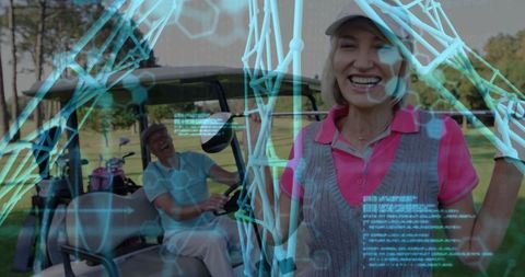 Happy golfer with digital overlay on scenic fairway