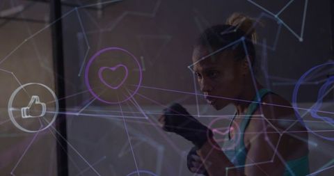 Woman boxing training with futuristic social media overlay, focused athlete workout