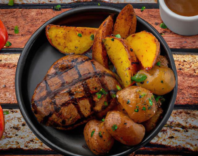Top-down view of a grilled steak served with roasted potatoes and green garnish on a black plate placed on a rustic wooden table. This balanced and appetizing meal can be used in food blogs, restaurant menus, cooking websites, nutrition articles, or meal planning resources.