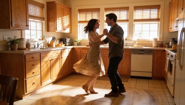 Couple dancing in sunlit kitchen wearing floral dress and casual shirt, cozy warm home
