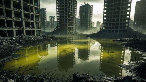 Eerie abandoned cityscape with buildings and toxic waters in apocalypse aftermath