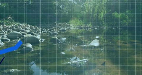 Shallow stream over rounded cobbles in wooded park with grid overlay and blue stroke