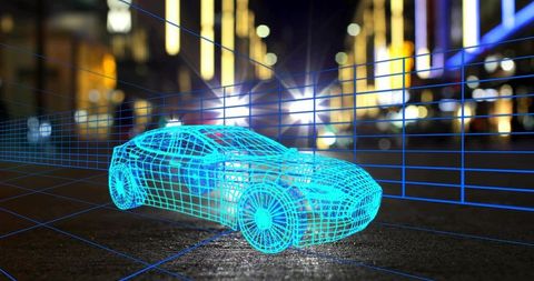 Hovering holographic sedan glowing on urban night grid showing futuristic ar car concept