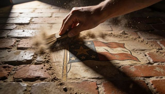 Hand brushing dust from vintage flag tile in brick floor during historic tile restoration