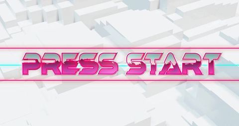 Neon retro 'press start' banner over futuristic geometric city grid with cyan streak