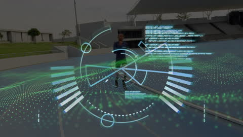 Disabled Runner with Futuristic Data Overlay in Sports Arena