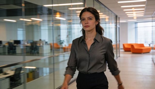 Focused professional woman walking through modern glass office corridor with orange lounge seating