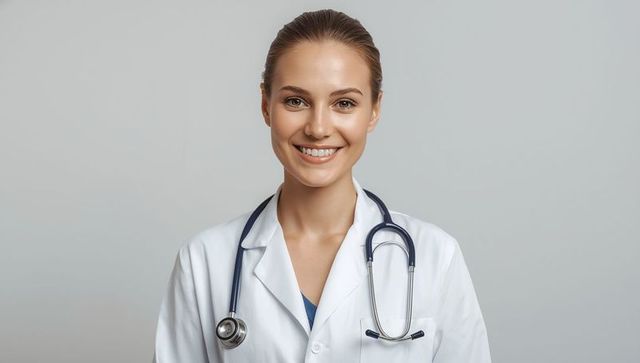 Confident female doctor with stethoscope smiling in professional setting