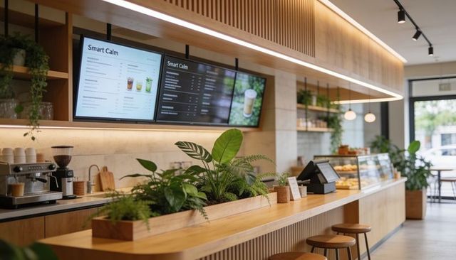 Minimal scandinavian cafe interior featuring light-wood counter with built-in planter