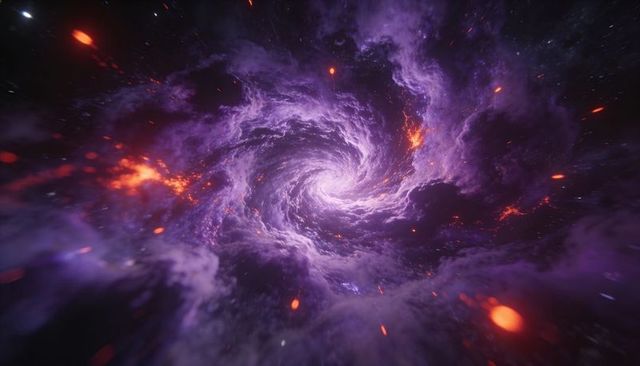 Swirling violet nebula vortex radiating bright white core with fiery orange embers