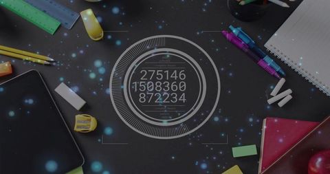 Futuristic digital display on creative desk workspace