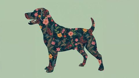 Floral barking dog silhouette on pastel green background