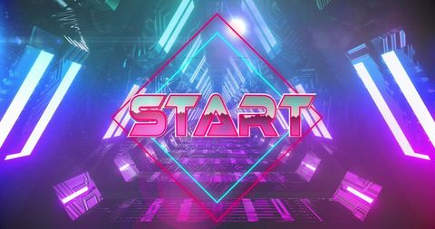 Futuristic start screen in neon geometric tunnel