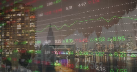 Financial Data Animation with Urban Skyline over City Night View