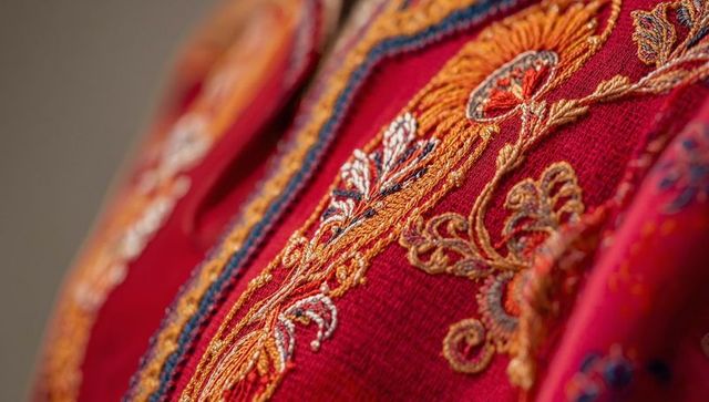 Intricate red embroidered fabric with rich gold and orange detail