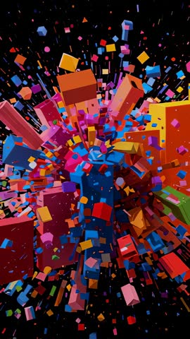 Vertical video bursting colorful cubes and prisms from central blue core in black void