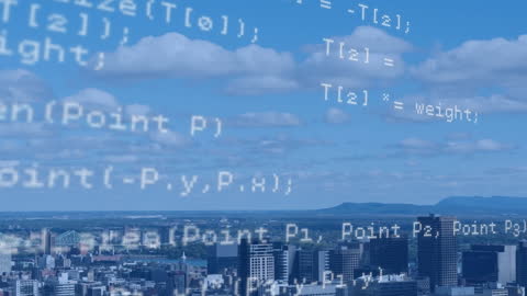 Data Processing Animation Overlaying Urban Skyline