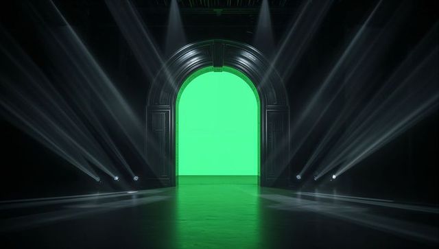 Ornate archway on dark stage with green chroma key portal and dramatic spotlight beams