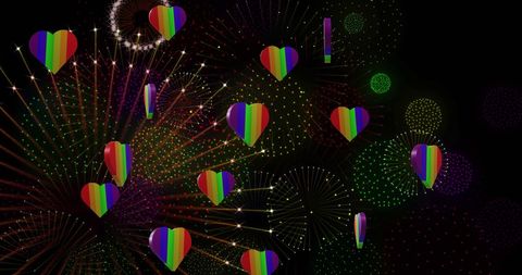 Rainbow Hearts and Fireworks Celebrating Pride