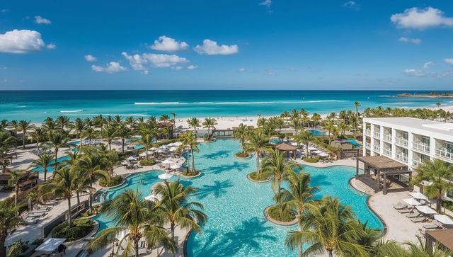Luxury beachfront resort with winding lagoon pool, palm islands and turquoise ocean horizon