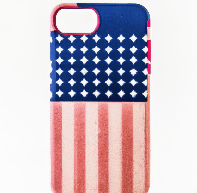 Close up of phone case coloured with flag of usa on white background. Phone accessories, design and protection.