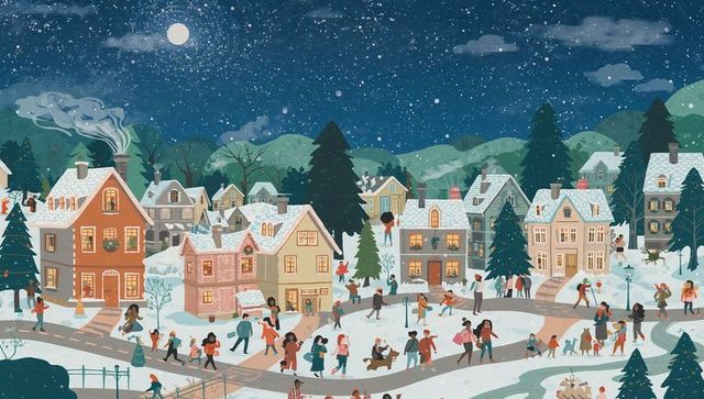 Winter village night: community skating, strolling and sledding under snowy starry sky