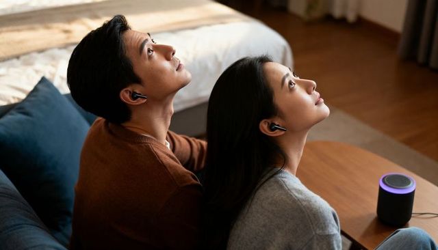 Couple wearing wireless earbuds looking upward near glowing smart speaker in cozy living space