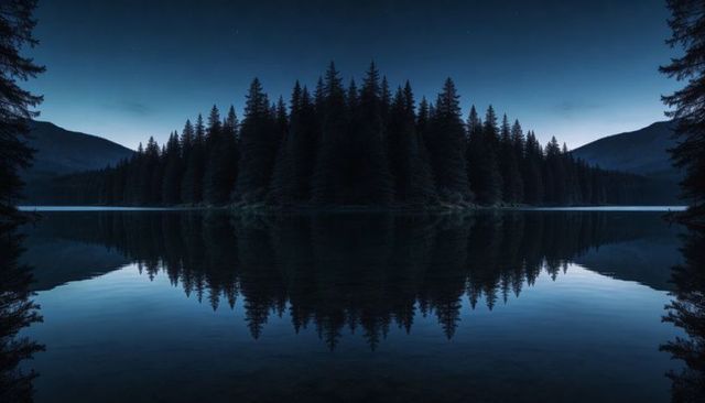 Reflecting Conifer Island and Mountain Silhouettes at Twilight Over Still Mirror Lake