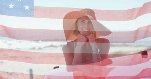 Vacation and Patriotism: Woman Reflecting Through US Flag