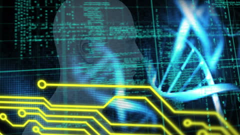 Digital Human Figure with DNA and Circuit Patterns