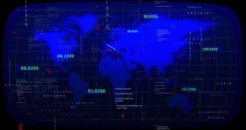 Futuristic World Map Dashboard with Binary and Data Streams