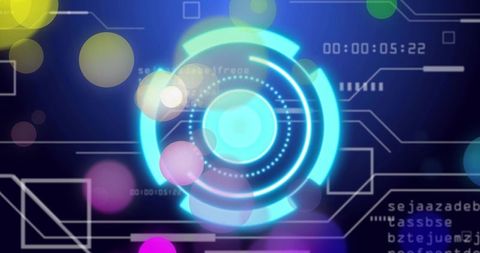 Cyan Futuristic HUD Interface with Pulsing Rings, Timecode and Neon Bokeh