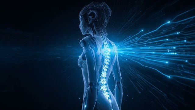 Female android revealing glowing cybernetic spine and neural interface, futuristic ai