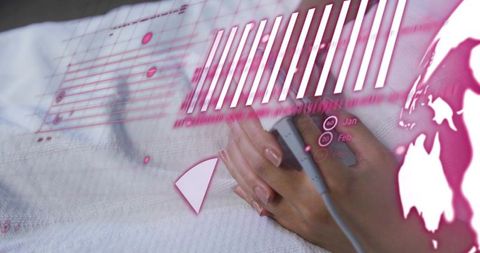 Patient wearing pulse oximeter on finger with digital health data overlay for remote monitoring