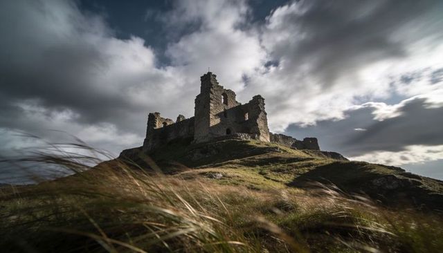 Ruined castle looming over windswept hilltop with dramatic cloudscape