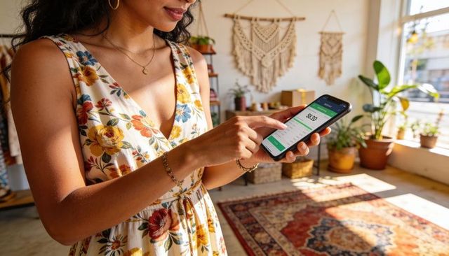 Boho boutique owner tapping smartphone and checking payment app in sunlit shop interior
