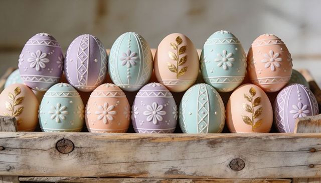 Pastel hand-painted easter eggs in rustic wooden crate with gold leaf floral embossing