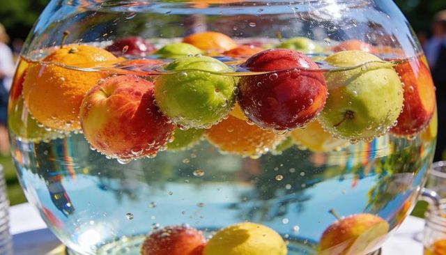 Floating apples and oranges in sparkling glass bowl for vibrant summer party centerpiece