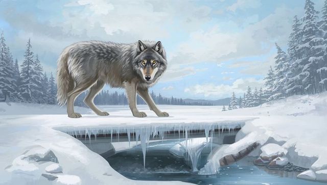 Gray wolf standing on frozen riverbank surveying snowy wilderness with icicles and stream