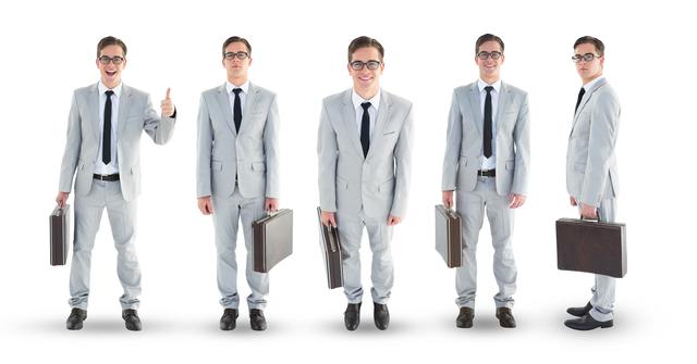 Businessman in formal attire holding briefcase, striking various poses. Ideal for use in business presentations, professional theme designs, corporate websites, promotional materials, or advertisements highlighting business services.