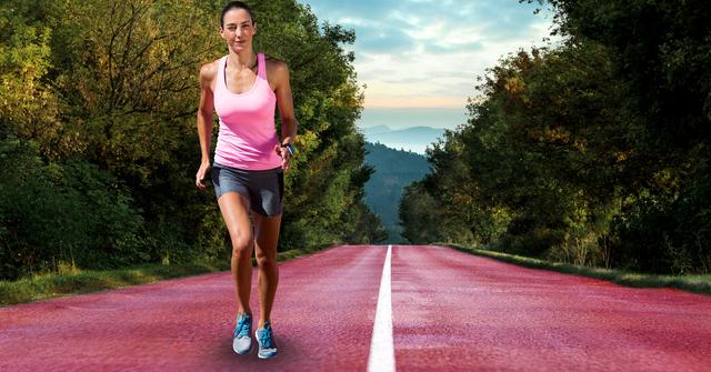 Digital composite of Determined female athlete running on country road