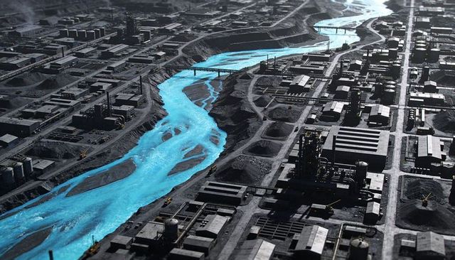 Cyan river cutting through industrial valley aerial view of polluted factory complex