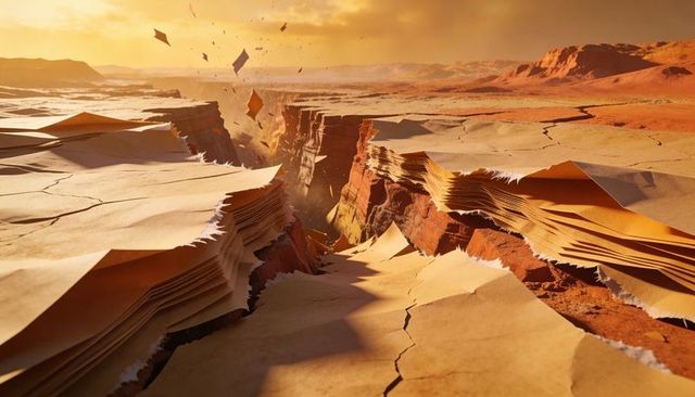 Sunset canyon with layered sheet rock peeling over arid plateau and dusty chasm